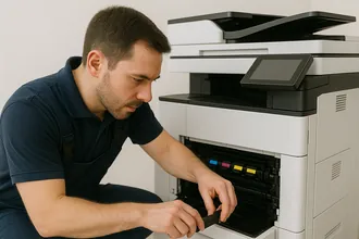 Tecnico Sarda Sistemi in manutenzione su multifunzione